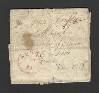 US 1817 STAMPLESS FOLDED LETTER "ALBANY" N.Y. IN RED TO PLATTSBURGH NEW YORK - Image 1 of 3