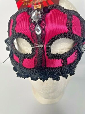 Pink Black Lace Eye Mask Retro 80s Masquerade Mardi Gras Bows Rhinestones  - Image 1 of 4