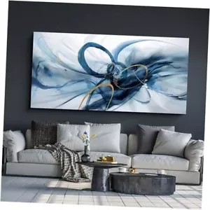 Abstract Wall Decor Living Room - Modern Canvas 24x48 Blue and white and gold - Picture 1 of 7
