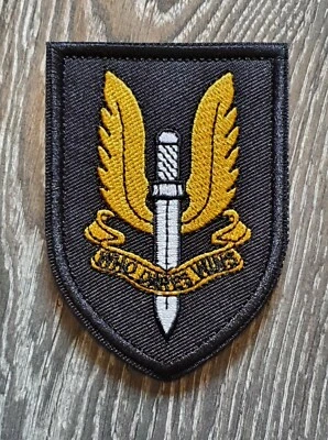 SAS Who Dares Wins Black Shield Patch Hook & Loop 8.5cm x 6cm Tactical FREE P&P - Image 1 of 2
