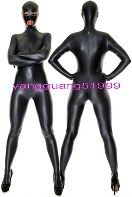 Black Shiny Metallic Catsuit Costume Unisex Bodysuit Outfit Open Eyes/Mouth F317 - Image 1 of 2