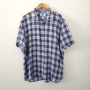 Joseph Abboud Men 3XLT Blue White Plaid Button Up Short Sleeve Shirt Linen Blend - Picture 1 of 18