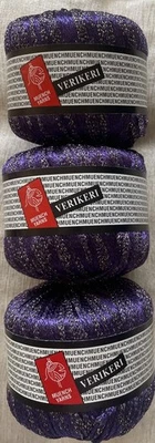 Lote de 3, Hilos Muench VERIKERI, Púrpura con Cinta Metálica Dorada, Brillante Foto 1 de 2