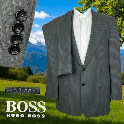 Hugo Boss USA Made 2 Piece Suit Mens 42R 36x32 Green Gray Striped Wool - Image 1 of 4