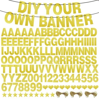 Pacote com 126 letras de glitter dourado, kit de banner personalizado, A-Z, 0-9, corações, estrelas - Imagem 1 de 4