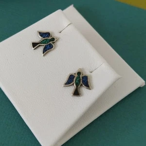 Vintage Mexico 925 Sterling Silver Composite Turquoise and Lapis Bird Earrings - Picture 1 of 7