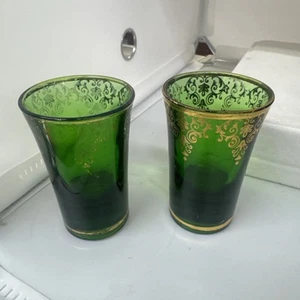 Bohemian Czech Green Glass Gold Filigree Shot Glasses Set of 2 read description - Picture 1 of 4