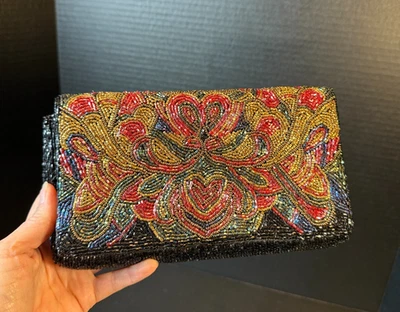 Elegante bolsa de noite com miçangas aba embreagem corações Hong Kong vintage - Imagem 1 de 4