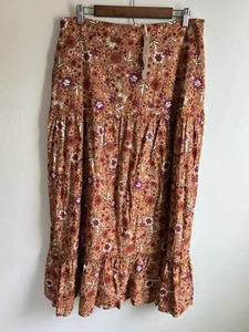 Luna Moon Rust Floral Tiered Maxi Skirt XL Boho Festival Hippie Artsy Pocket NEW - Picture 1 of 12