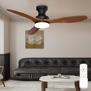Frstem 52" Ceiling Fan with Light Flush Mount Solid Wood Bedroom Living Room - Picture 1 of 9