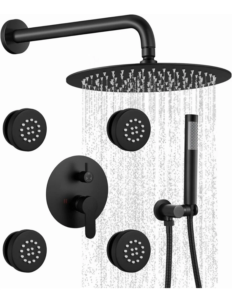 Juego combinado de cabezal de ducha de lluvia redondo Gotonovo negro mate de 10’’’ 4 chorros de spray corporal Foto 1 de 4