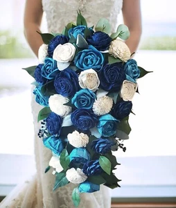 Bouquet a cascata da sposa blu legno Sola turchese bianco cascata fiori matrimonio - Foto 1 di 3