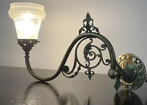Antique Gas Converted Brass Wall Light Sconce With Etched Glass Shade - Picture 1 of 15