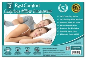 RestComfort Set of 2 Cotton Terry Pillow Protectors Bed Bug & Dust Mite Bacte... - Picture 1 of 4