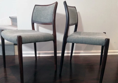 Mid-Century Modern Dining Chairs (Set of 4), Grey-blue Fabric Upholstery, Walnut Cover