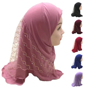 Lace Amira Hijab Muslim Kids Girls Turban Caps Shawl Scarf Headwrap Islamic 2-6Y - Picture 1 of 34