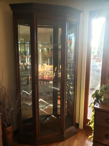 American of Martinville display cabinet. one piece with removable glass shelves Cover