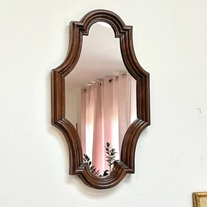 Vintage Rustic Scalloped Wood Brown Framed Mirror 22"x12.5" - Picture 1 of 19