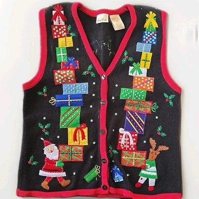Vtg Bobbie Brooks Christmas Sweater Vest Sz S Beaded Embroidered Santa Presents - Image 1 of 4