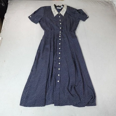 Vintage Cottage Core Dress Womens 12 Blue Polka Dot Button Front Liz Claiborne - Image 1 of 4
