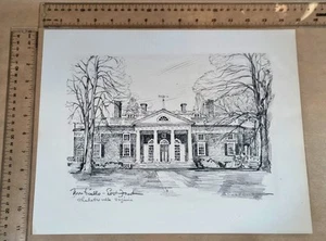 Charles Overly (1950-1960s) Montecello East Front DRAWING * Vintage Art Print - Picture 1 of 14