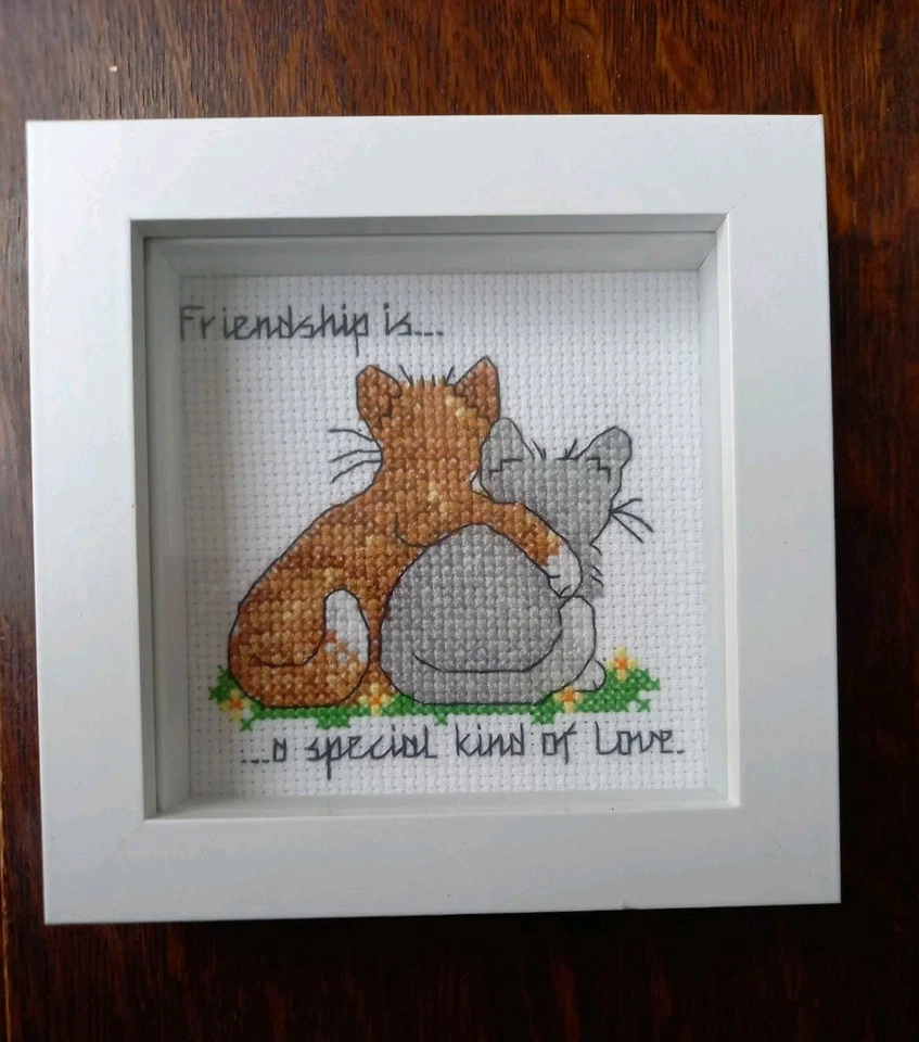 Completed cross stitch framed embroidery picture Cat Friend Gift - Image 1 of 1