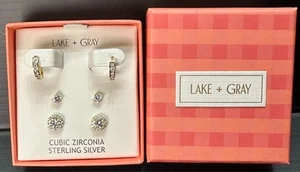 Conjunto de 3 pendientes de plata esterlina de circonitas cúbicas grises Lake + Huggies nuevos - Imagen 1 de 3