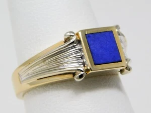14 kt Yellow & White Gold Square Lapis Lazuli Slab Ring Size 6 1/4 B6069 - Picture 1 of 7