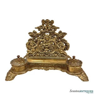 Vintage Italian Rococo Brass Cherub Double Inkwell Letter Holder Desk Set - Picture 1 of 10