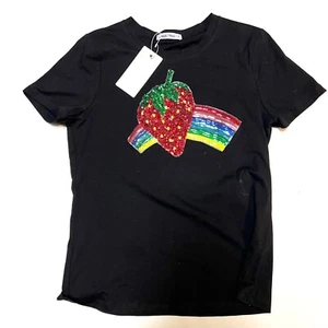 Maybe Wang.T-shirt with Sequins. Sz L. Black with Strawberry and Rainbow. Cotton - Picture 1 of 5