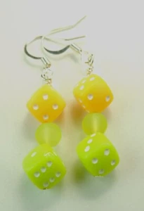 Double Green & Yellow Dice Earring & Frosted Glass Chic Jewelry - Picture 1 of 1