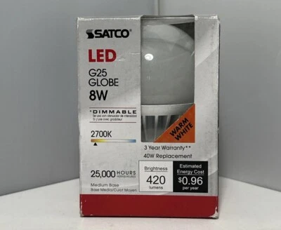 SATCO LED LIGHT BULB G25 Globe 8W Dimmable Warm White - Image 1 of 3