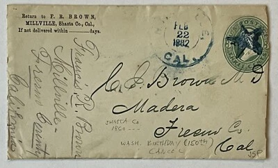 1882 FANCY CANCEL ON 150TH ANNIVERSARY WASHINGTON’S BIRTH MILLVILLE CA COVER - Image 1 of 3