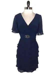 NEW JESSICA HOWARD Size 14 Sheath Dress Blue Short Sleeve Ruffles Beads Sparkles - Picture 1 of 7