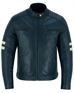 Chaqueta de Cuero a Rayas Gallanto Vintage Cafe Racer Azul Marino - Imagen 1 de 6