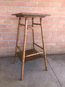 Antique Rattan Bamboo Accent Table Plant Stand Rare Asian Burn Art Pyrography - Picture 1 of 22