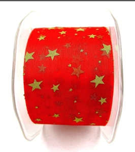 May Arts Gold Star Ribbon,Sheer Red,Polyester.2" x 45yds. USA Made - Picture 1 of 3