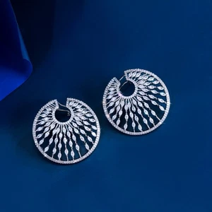 Silver Plated CZ Crystal Large Round Fireworks 925 Silver Post Bridal Earrings - Bild 1 von 8