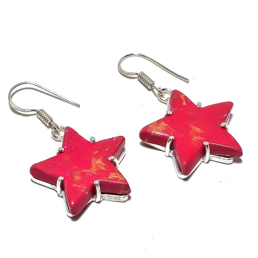 Star - Copper Red Turquoise Gemstone 925 Sterling Silver Earring 1.7" h074 - Image 1 of 4