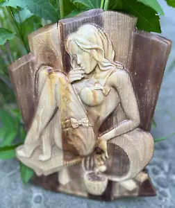 Nude Girl Drinking Wine Wood Carving Multicolor Picture Woodworking, 3D Handmade - Picture 1 of 24