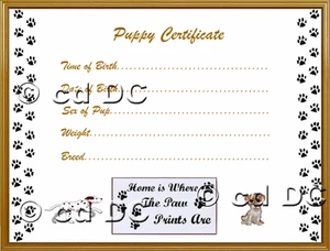PUPPY/DOG CERTIFICATES OF BIRTH FOR YOUR POOCHES approx 7"x 5" Design 1 - Picture 1 of 1
