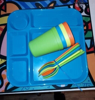 IKEA MULTI COLOR PLASTIC DIVIDED PLATES, CUPS, FORKS, KNIVES, SPOON NEW - Image 1 of 2