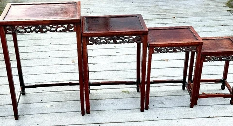 RARE Find Set of 4 Asian Carved Rosewood Nesting Tables Beautiful Charity Cover