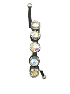 AB Aurora Borealis Crystal Black Leather Shamballa Cuff Bracelet Adjustable 7-10 - Picture 1 of 24