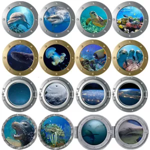 3D Porthole Window Reef Shark Fish Coral Space Sticker Wall Poster Vinyl" - Picture 1 of 24