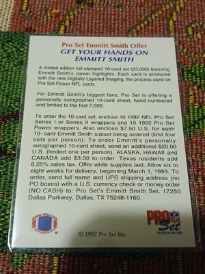 Emmitt Smith 1992 Pro Set Power Promo Ad Back Version - Image 1 of 2