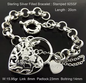 925 Sterling Silver Filled Belcher Antique Heart Padlock Bracelet Boltring 20cm - Picture 1 of 2
