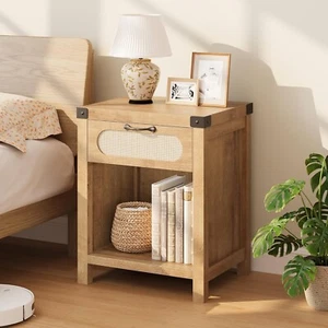 Rattan Nightstand Night Stand with Drawer,Storage Shelf Farmhouse End Table - Picture 1 of 6