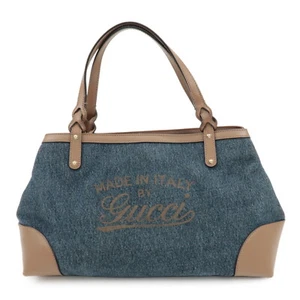 Authentic GUCCI Craft Denim Leather Tote Bag Hand Bag Navy Brown 348715 Used F/S - Picture 1 of 24