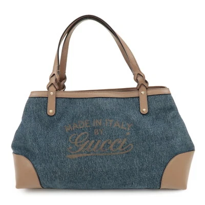 GUCCI Craft Denim Leather Tote Bag Hand Bag Navy Brown 348715 Authentic Used F/S - Image 1 of 4